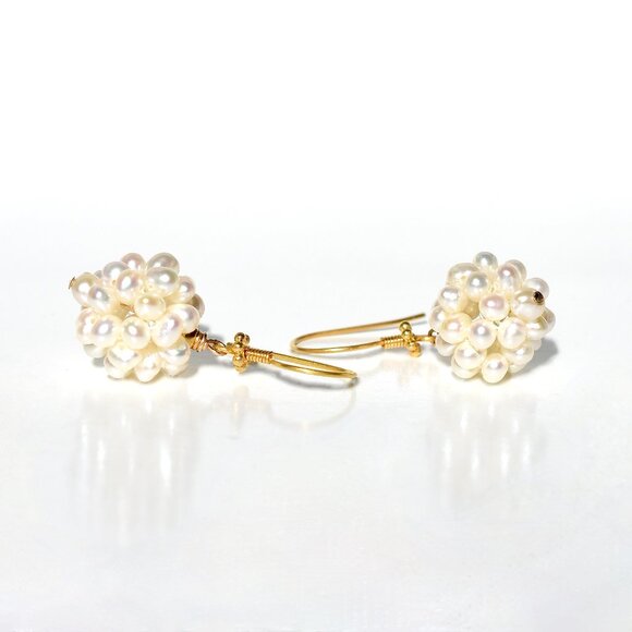 18K Solid Yellow Gold Pearl Beaded Drop Dangle Earrings - Picture 5 of 5